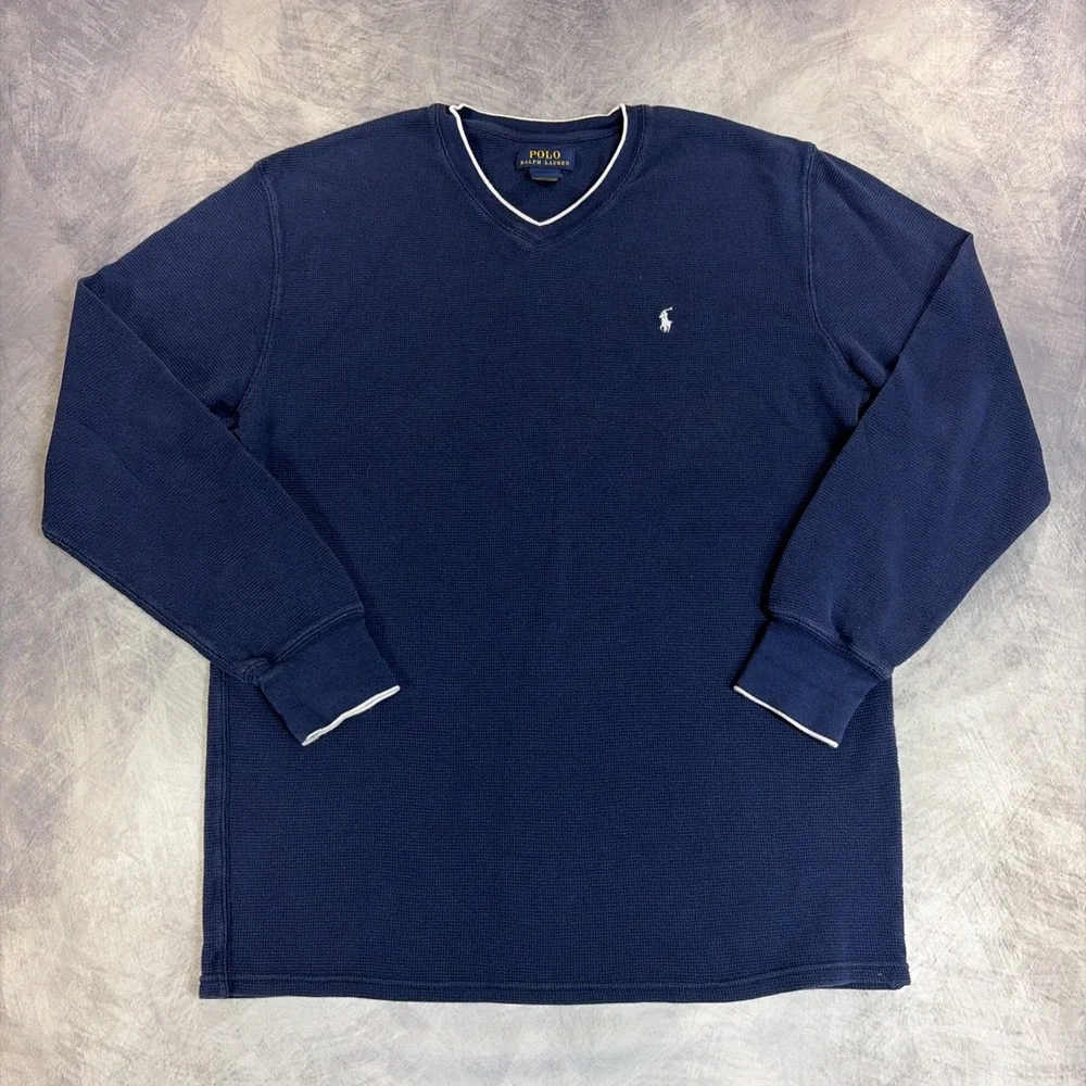 Polo Ralph Lauren Thermal Shirt Mens XL Navy Blue Long Sleeve V-Neck Waffle Knit